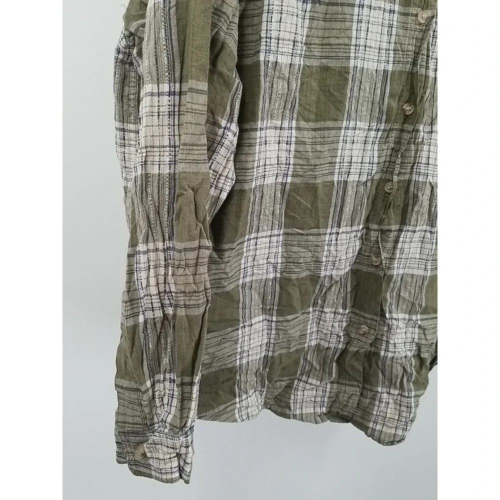 Basic Editions Womens Large Plaid Long Sleeve Button Up Shirt Green White